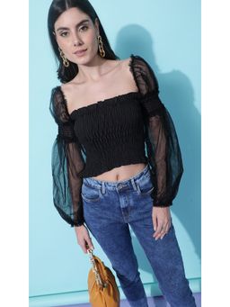 Virgio - Sheer Sleeve Black Smocked Crop Top (M)