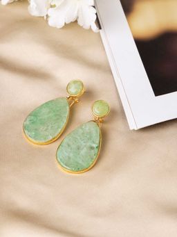 Indya - Gold Green Stone Studded Petal Drop Dangler Earrings