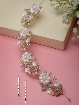 PANASH - Gold-Plated CZ Stone & Pearl Floral Shaped Embellished Handcrafted Tiara