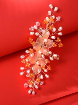 Saraf RS Jewellery - Gold Toned & Orange Stocking Flowers Beaded Hair Accessory