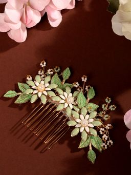 Saraf RS Jewellery - Green Gold Toned Enamelled Pearl Embellished Comb Pin