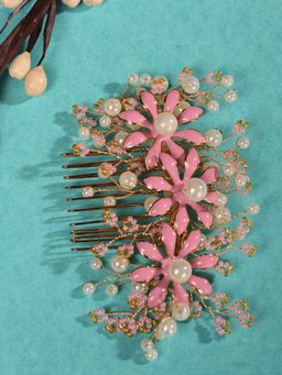 Saraf RS Jewellery - Gold toned Pink Enamelled Flower Tiara Comb Pin