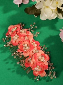 Saraf RS Jewellery - Peach Flowers Pearls & Crystal Embellished Bridal Hair Tiara