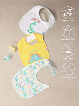Mi Arcus - 100% Cotton Dino Print Feeding Bib with Velcro Closure 0-3 M (Pack of 3)