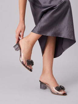 Dollphin - Women Black Embellished Bow Transparent Block Heels HN-105