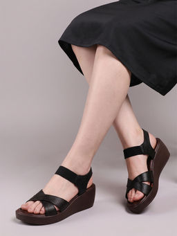 Dollphin - Women Black Leather Wedges Heels RP-03