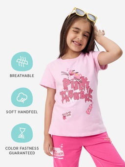 The Souled Store - Official Pink Panther Pink Trouble Girls Cotton T-Shirt