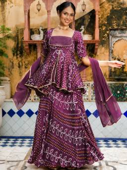 HOUSE OF JAMOTI - Red Chiffon Silk Ethnic Print Bandhani Lehenga with Kurta and Dupatta