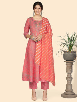 Vbuyz - Womens Bandhani Anarkali Cotton Pink Stitched Kurta Pant With Dupatta (Set of 3)