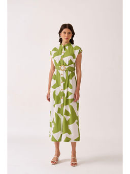 VANTEN - Willow Green Printed Dress with Belt (Set of 2)
