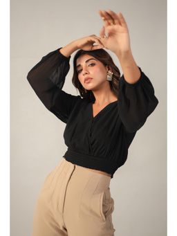 Twenty Dresses by Nykaa Fashion - Chiffon Black Crop Top With Smocked Waist