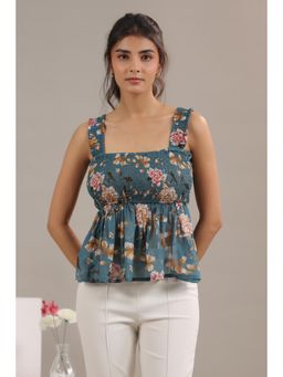 Twenty Dresses by Nykaa Fashion - Peplum Top In Floral Print - Teal