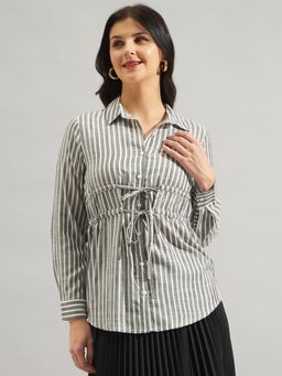 Twenty Dresses by Nykaa Fashion - Grey & White Striped Tie-Up Viscose Top
