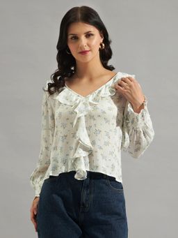 Twenty Dresses by Nykaa Fashion - Off-White Floral Printed Ruffle Rayon Crepe Top
