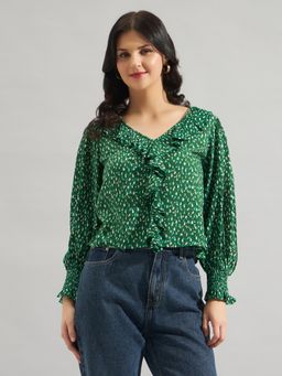 Twenty Dresses by Nykaa Fashion - Green Rayon Printed Ruffle Detail Top