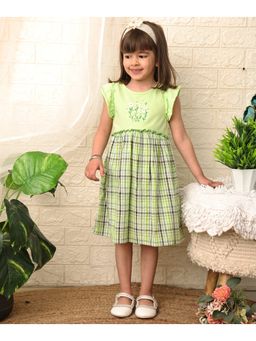 Beebay - Green Floral Embroidered Checks Seersucker Dress