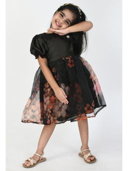 Bella Moda - Black Floral Print Puff Sleeves Dress