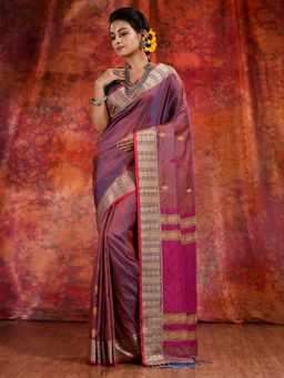 CHARUKRITI - Magenta Blend Tusser Duel Tone Saree and Geometric Design in Pallu & Unstitched Blouse