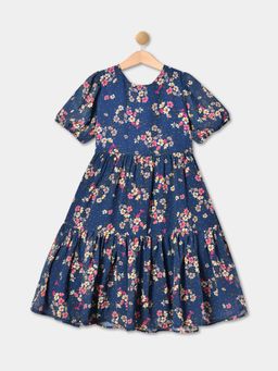 R&B - Navy Puff Sleeves Floral Printed Tiered Dress