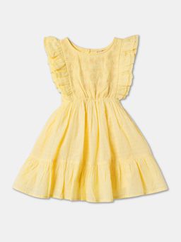 R&B - Yellow Cinched Waist Embroidered Ruffled Dress