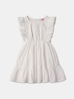 R&B - White Cinched Waist Embroidered Ruffled Dress