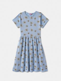 R&B - Blue Floral Printed Half Sleeves Dress