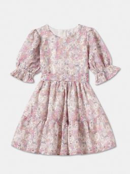 R&B - Pink and White Puff Sleeves Printed Dress with Belt