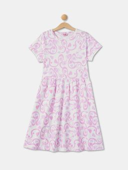 R&B - White and Purple Half Sleeves Printed Dress