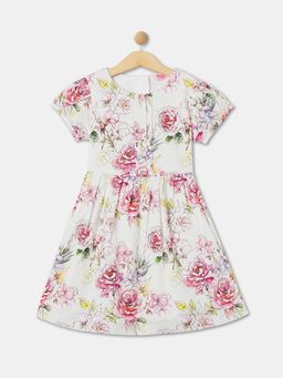 R&B - White and Pink Floral Printed Gathered Dress