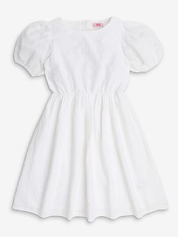 R&B - White Schiffli Puff Sleeves Dress