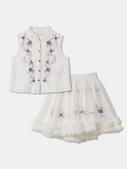 R&B - Girls White Floral Embroidered Top and Skirt Set