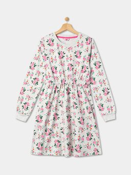 R&B - White and Pink Cinched Waist Floral Printed Dress