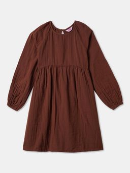 R&B - Brown Round Neck Tiered Gathered Dress