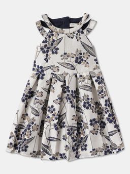 R&B - White and Navy Textured Floral Cut-Out Sleeves Dress