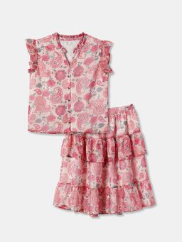 R&B - Girls Pink Floral Printed Top and Skirt Set