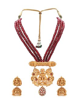 Joules By Radhika - Traditional Necklace Set With Gold Toned Pendant & Red Semi Precious Beads