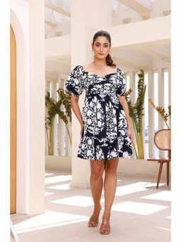 Moonstruck - Black and White Floral Printed Frill and Flarred Short Dress