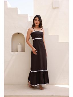 Moonstruck - Zic-Zac Contrast Lace Dark Brown A-Line Maxi Dress