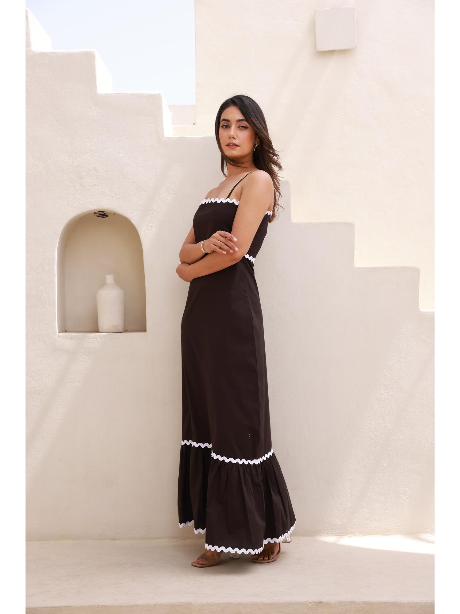 Buy Moonstruck Zic-Zac Contrast Lace Dark Brown A-Line Maxi Dress