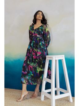 Polago Clothing - Black Abstract Print Chiffon Midi Dress