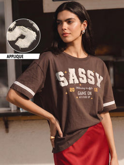 Bewakoof - Womens Brown Applique Oversized T-Shirt
