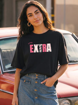 Bewakoof - Womens Black Little Extra Typography Oversized T-Shirt