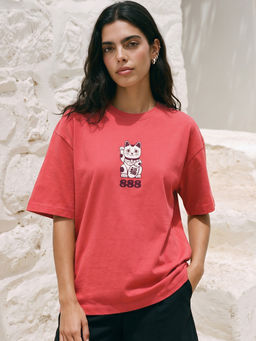 Bewakoof - Womens Pink 888 Graphic Printed Oversized T-Shirt