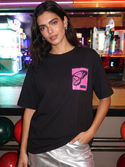 Bewakoof - Womens Black Overthinking Graphic Printed Oversized T-Shirt