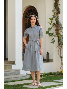Jisora - Womens Grey Embroidered Cotton Midi Dress With Belt