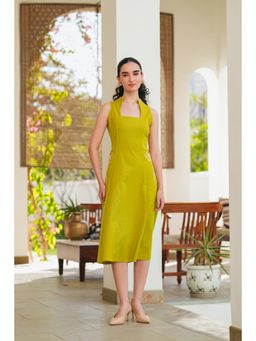 Jisora - Womens Yellow Embroidered Cotton Flex Midi Dress