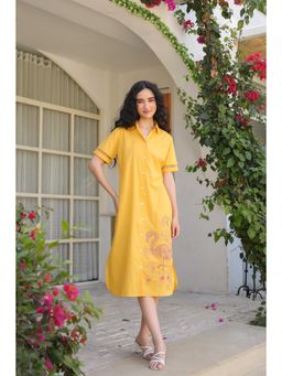 Jisora - Womens Yellow Embroidered Cotton Midi Dress