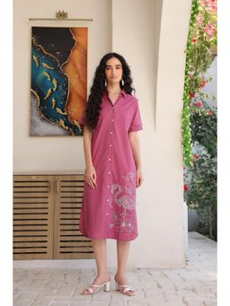 Jisora - Womens Pink Embroidered Cotton Midi Dress