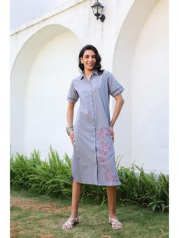 Jisora - Womens Grey Embroidered Cotton Midi Dress