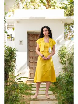 Jisora - Womens Yellow Printed Cotton Flex Mini Dress With Jacket
